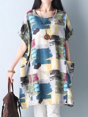 Women Floral Print Loose Short Sleeve Summer Mini Dresses