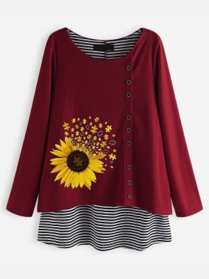 Women Casual Stripe Flower Print Long Sleeve Blouse