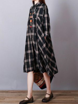 Women Vintage Long Sleeve Plaid Lapel Loose Shirt Dress