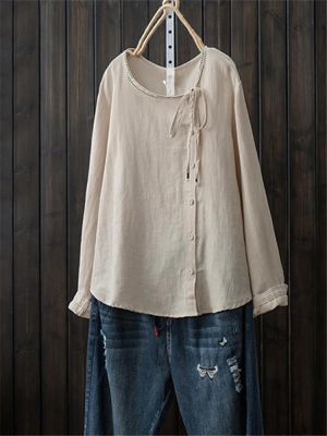 Women Button Crewneck Cotton Long Sleeve Vintage Blouse