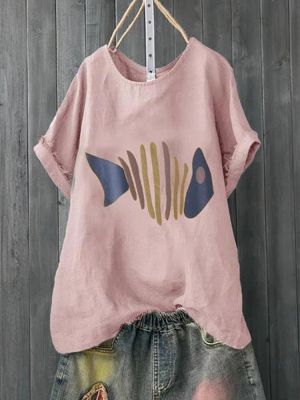 Summer Fishbone Print Short Sleeve Casual T-Shirts