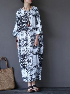 Casual Women Random Floral Printing Batwing Sleeve Maxi Dresses