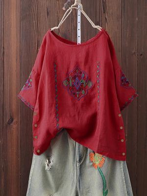 Women Vintage Embroidery Side Button Short Sleeve T-shirts