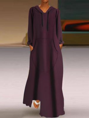 Women Casual O-Neck Long Sleeve Pockets Hooded Dress