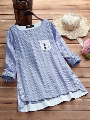 Vintage Women Cotton Side Buttons Stripe Cat Embroidered Patchwork Blouse