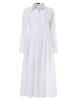 Women Loose Lapel Pleated Solid Color Button Shirt Dress with Pockets