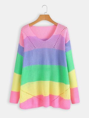 Long Sleeve V-neck Rainbow Stripe Color Block Sweaters