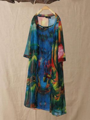 Women Floral Print Two Pieces Set Straps 3/4 Sleeve Vintage Dress