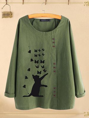 Women Casual Cartoon Cat Print Crew Neck Long Sleeve T-Shirts