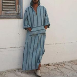 INCERUN Stripe Front Pocket Hooded Long Dress Tops for Men