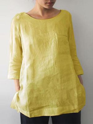 Women Cotton Pure Color O-Neck 3/4 Sleeve Pockets Shirts