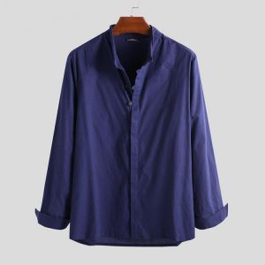 Men's Loose Fit Shirt Linen Solid Button Down Causal Dress Tops Retro Male Blouse