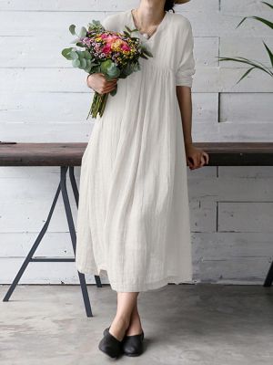 M-5XL Vintage Women Solid Color V-Neck Long Sleeve Maxi Dress
