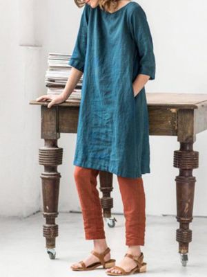Lrecord Women Pure Color Crew Neck 3/4 Sleeve Long Shirt Dress