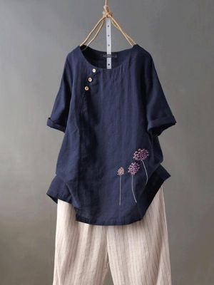 Women Short Sleeve O-neck Floral Embroidery Vintage Blouse