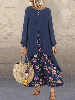 Patchwork Two Pieces Floral Print Long Sleeve Vintage Dress