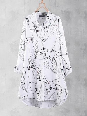 Women Floral Print Turn-Down Collar Irregular Hem Button Blouse
