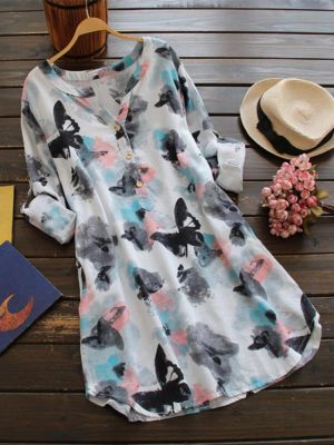 Women Ink Printed V Neck Buttons Long Sleeve Shirt Dress