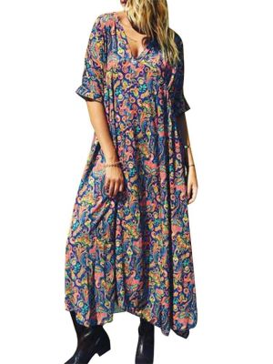 Women Bohemian Short Sleeve V-neck Floral Print Casual Dress