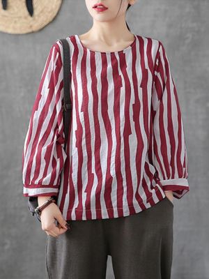 Women Print Crew Neck Loose Crew Neck Long Sleeve Blouse