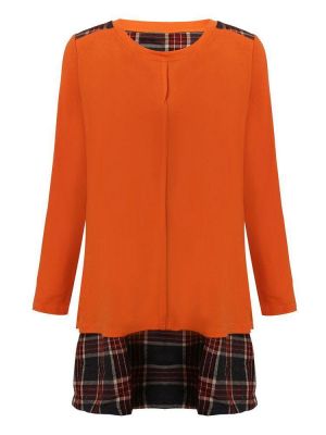 Casual Women Plaid Patchwork Back Split Long Sleeve Mini Dresses