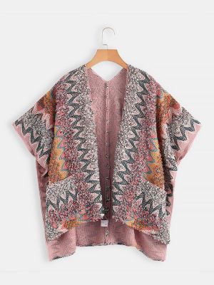 Women Printed Cardigan Shawl V-neck Batwing Sleeve Sweaters with Pocket