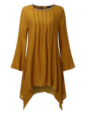 Loose Women Long Sleeve Pure Color Asymmetrical Hem Blouse