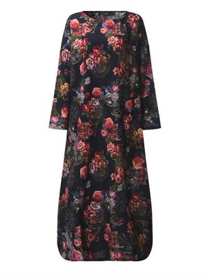 Vintage Long Sleeve Loose Baggy Kaftan Floral Maxi Dress