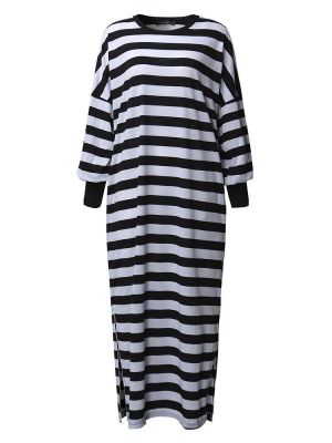 Casual Women Crew Neck Batwing Sleeve Striped Black Long Sweatshirt Dress