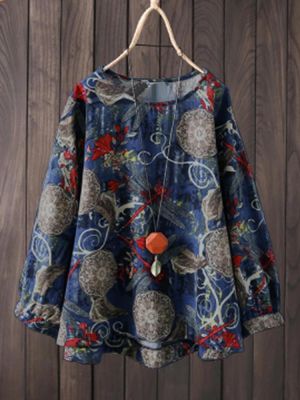 S-5XL Vintage Women Cotton Loose Color Print Long Sleeve Blouse