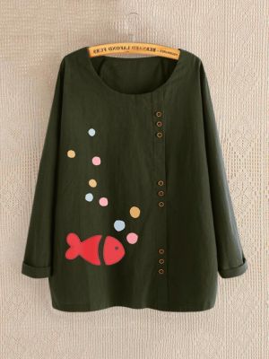 Print Cartoon Fish Long Sleeve Button Autumn T-Shirts