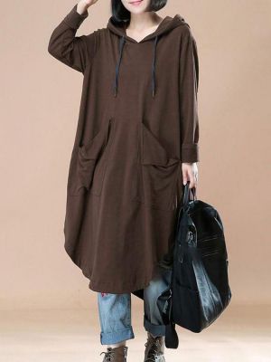 Casual Women Solid Color Loose Long Sleeve Hooded Dress