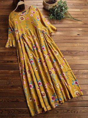 Half Sleeve O-neck Pleated Floral Print Vintage Maxi Dress
