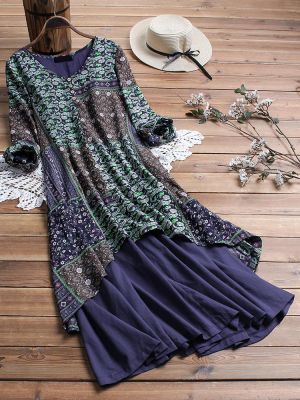 Plus Size Floral Print Long Sleeve Patchwork Dress with Pockets