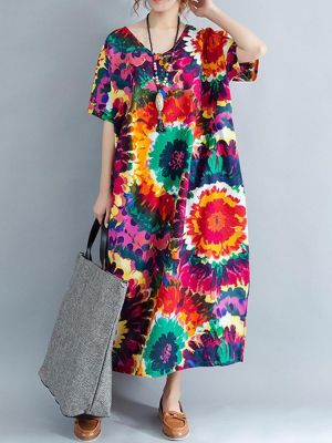 Vintage Floral Printed Loose V-neck Short Sleeve Dress