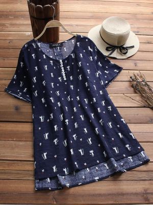 Casual Women Asymmetrical Plain Short Sleeve Cat Print O-neck T-shirts