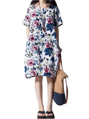 Vintage Women Loose Printing Short Sleeve Elegant Dress