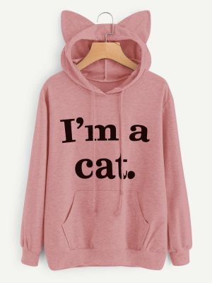 Casual Loose Letter Print Solid Color Cat Ears Hooded Hoodies