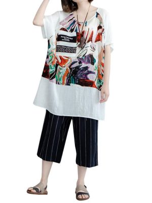 Vintage Women Dress Short Sleeve Patchwork Literature Art Printing Dresses