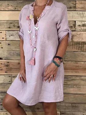 Women Casual Adjustable Sleeve V-neck Loose Dress