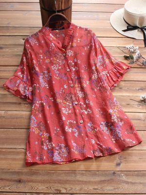 Short Sleeve Floral Print Vintage Blouse For Women