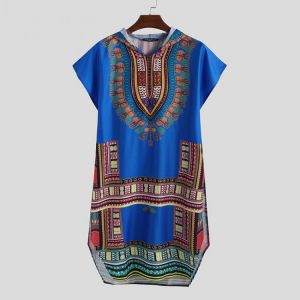 Men's African Short Sleeve T-shirt Dashiki Kaftan Shirt Hippie Poncho Dress Tops