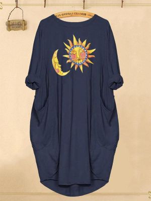 Sun Moon Cartoon Print Casual Women Dress with Pockets