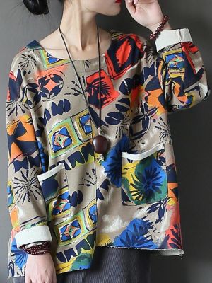 Vintage Women Long Sleeve Printed Front Pockets Irregular Sweatshirt