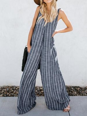 Women Sexy V-neck Sleeveless Striped Pockets Wide Legged Jumpsuit