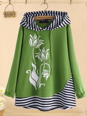 Plus Size Flower Print Stripe Patchwork Hooded Blouse