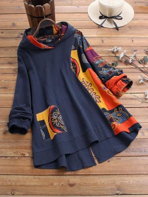 Plus Size Vintage Printed Patchwork Irregular Hooded Blouse