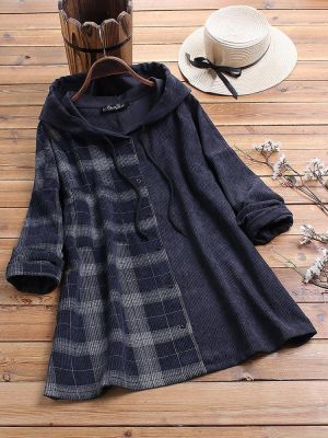 Plus Size Women Corduroy Patch Plaid Print Long Sleeve Vintage Hooded Sweatshirt