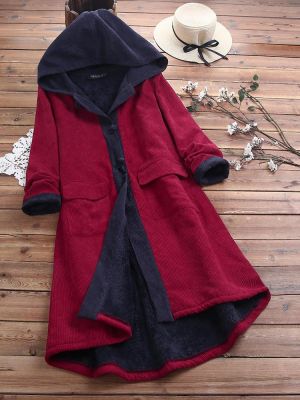 Women Casual Patch Hooded Thick Fleece Corduroy Long Coats
