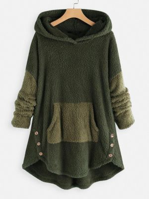 Contrast Color Splice Irregular Hem Hooded Fleece Sweatshirt Coats